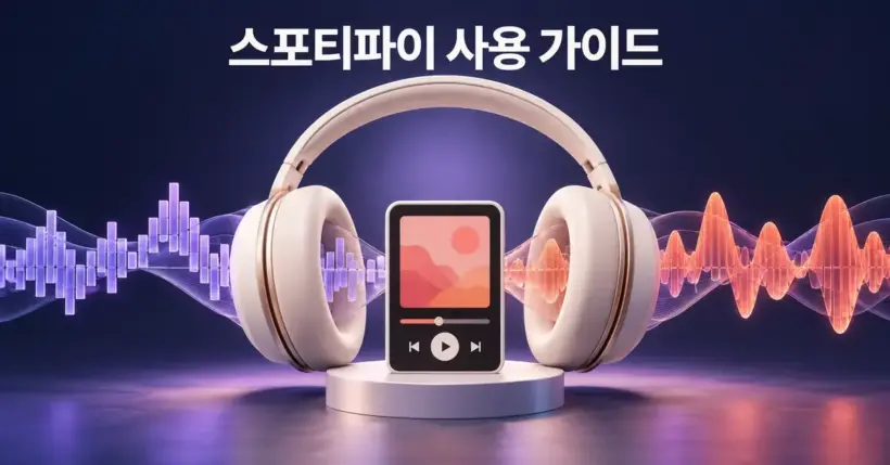 아이보리색 헤드폰과 음악 재생기, 보라색과 주황색 음파로 음악 감상과 음질 비교를 표현한 스포티파이 사용 가이드 이미지입니다.
